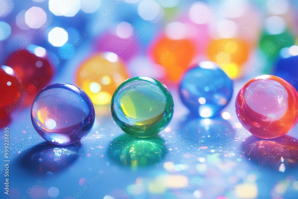 Colorful glass marbles on a reflective surface Colorful glass marbles on a reflective surface