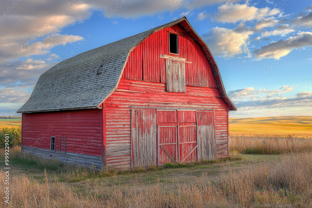 A vibrant red barn stands amidst golden fields under a dramatic sky, capturing rural charm and agricultural heritage. A vibrant red barn stands amidst golden fields under a dramatic sky, capturing rural charm and agricultural heritage.