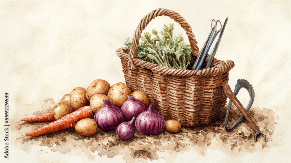 Watercolor Painting of a Basket of Fresh Produce Watercolor Painting of a Basket of Fresh Produce