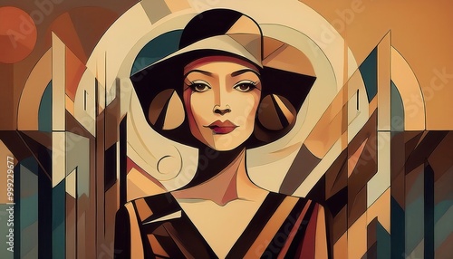 Generated image of a woman in the art deco style. 