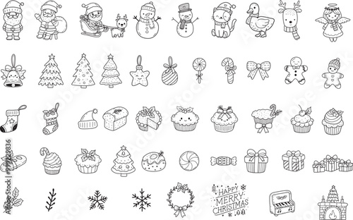 Cute Christmas element cartoon bundle outline,hand drawn, for Christmas ,kids,baby animal characters, card.vector illustration