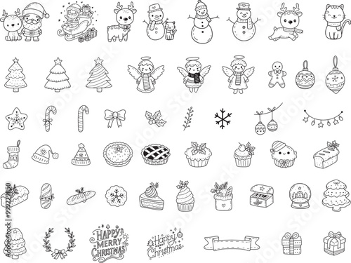 Cute Christmas element cartoon bundle outline,hand drawn, for Christmas ,kids,baby animal characters, card.vector illustration