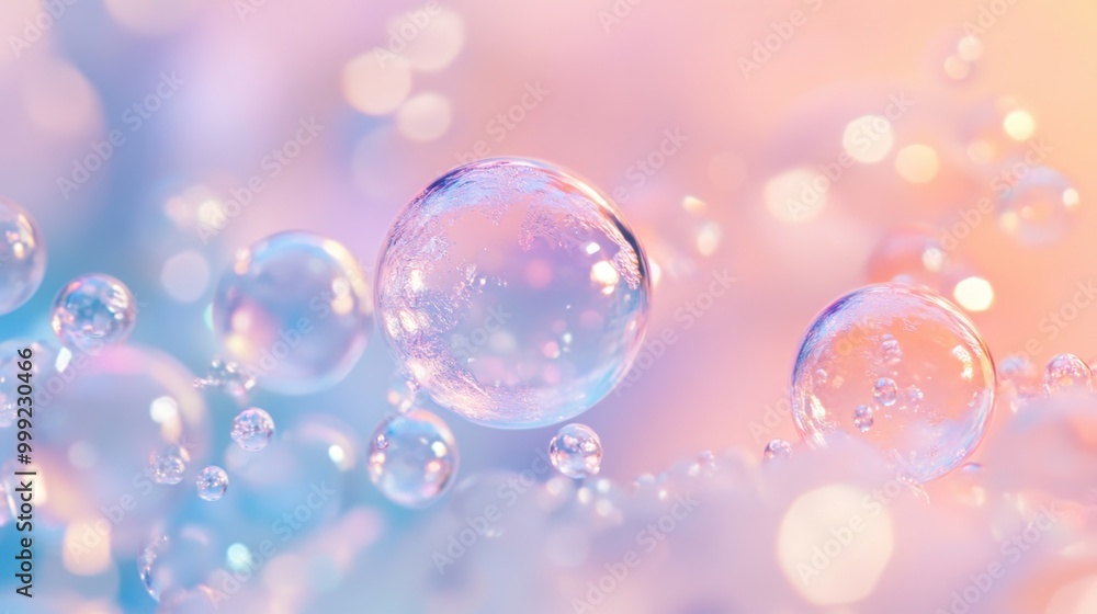 Glowing ice bubbles and marbles floating on a pastel pink and blue abstract background, full of sparkle and charm Glowing ice bubbles and marbles floating on a pastel pink and blue abstract background, full of sparkle and charm