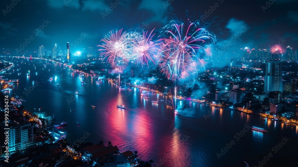 Obraz premium Beautiful colorful firework display at night for celebrate in festival anniversary