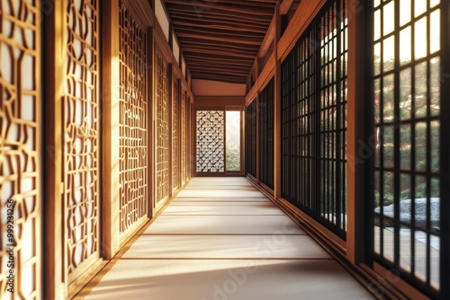 Wallpaper Mural Elegant wooden hallway with intricate lattice patterns Torontodigital.ca