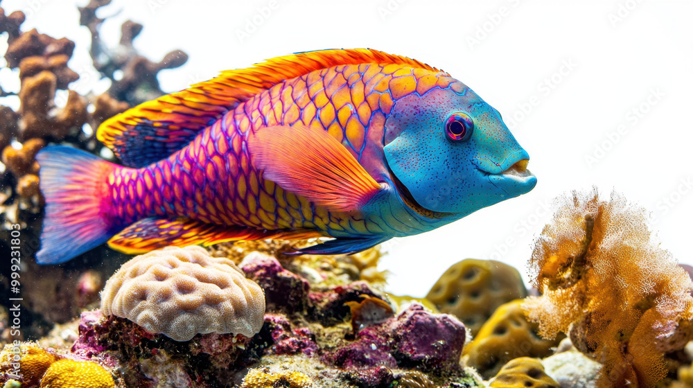 A vibrant parrotfish with iridescent blue, purple, and orange scales swims near colorful coral formations in an underwater scene. A vibrant parrotfish with iridescent blue, purple, and orange scales swims near colorful coral formations in an underwater scene.