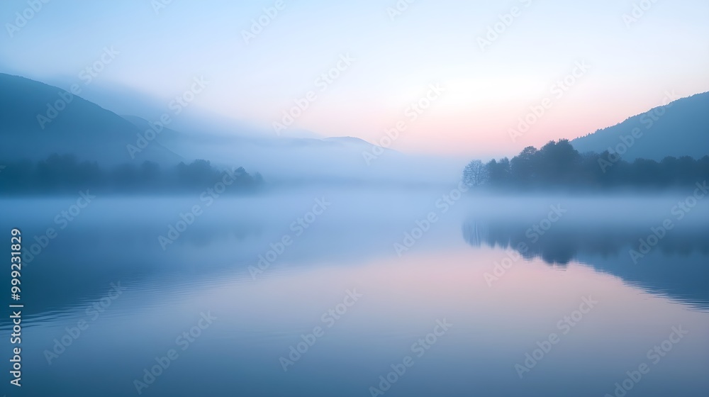 Fototapeta premium A serene image of drifting fog hovering over a still lake at dawn, creating an ethereal and tranquil atmosphere. The soft, muted colors of the early morning sky reflect gently on the water's 
