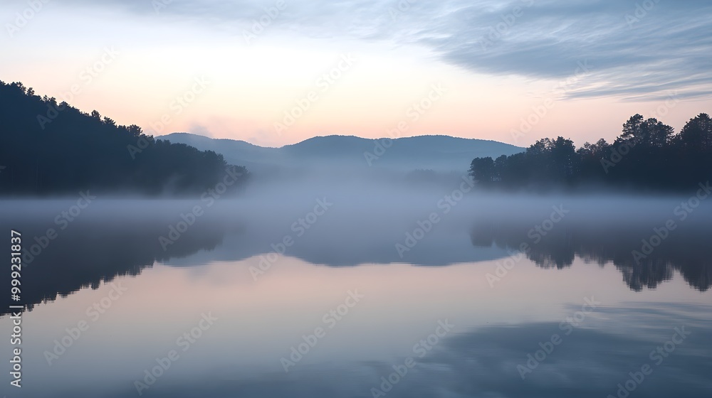 A serene image of drifting fog hovering over a still lake at dawn, creating an ethereal and tranquil atmosphere. The soft, muted colors of the early morning sky reflect gently on the water's A serene image of drifting fog hovering over a still lake at dawn, creating an ethereal and tranquil atmosphere. The soft, muted colors of the early morning sky reflect gently on the water's
