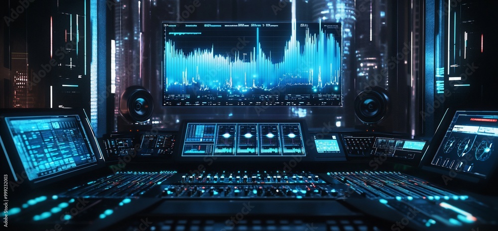 Futuristic music studio with mixing console, computer monitors and speakers. Futuristic music studio with mixing console, computer monitors and speakers.