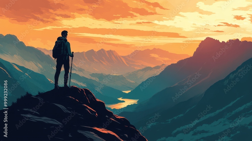 Fototapeta premium Hiker silhouetted against the horizon, standing on a mountain summit with an awe-inspiring view of cliffs, valleys, and a radiant sky.