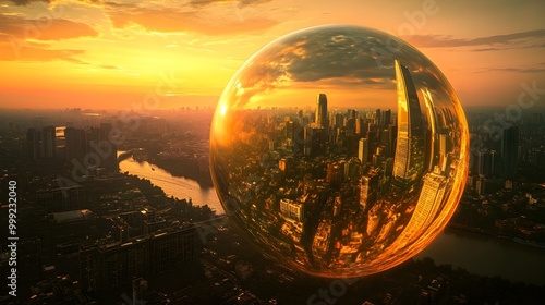 A stunning golden sphere contains a detailed cityscape within, illuminated by the warm glow of a breathtaking sunset. The city features modern skyscrapers, quaint rooftops, and lush greenery, 