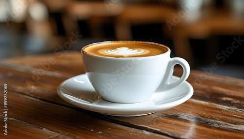 Elegant espresso cup resting on a rustic wooden table, showcasing rich colors and textures