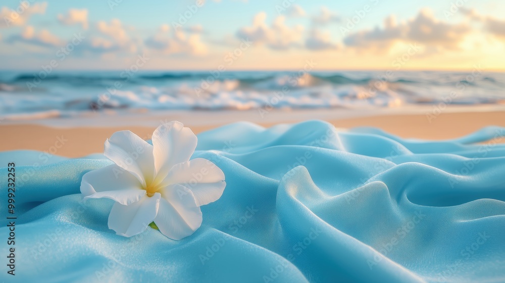 Gently wrinkled light blue silk fabric adorned with a jasmine flower on a tranquil beach at sunrise Gently wrinkled light blue silk fabric adorned with a jasmine flower on a tranquil beach at sunrise