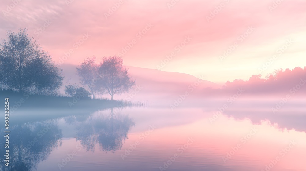 Fototapeta premium An enchanting depiction of a foggy lake at dawn, where delicate wisps of mist gently drift across the water's surface, creating a dreamlike quality. The scene is bathed in soft pastel hues as