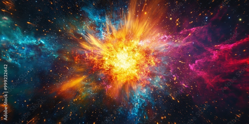 Detailed view of a supernova explosion, capturing vibrant colors and shockwaves spreading through space. Detailed view of a supernova explosion, capturing vibrant colors and shockwaves spreading through space.