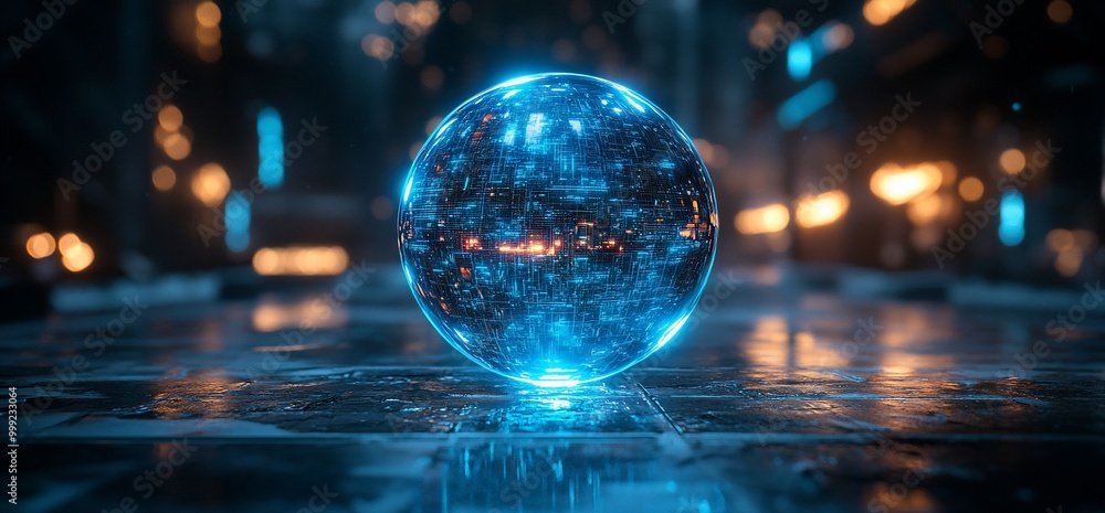 Glowing blue orb on a dark surface with blurred lights in the background. Glowing blue orb on a dark surface with blurred lights in the background.