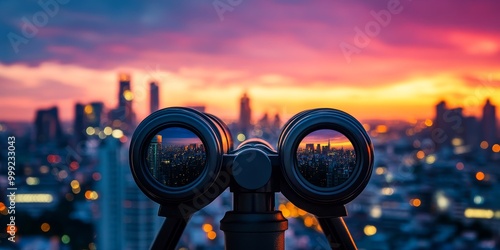 binoculars focused on a distant city skyline at dusk, with buildings illuminated under a colorful sky