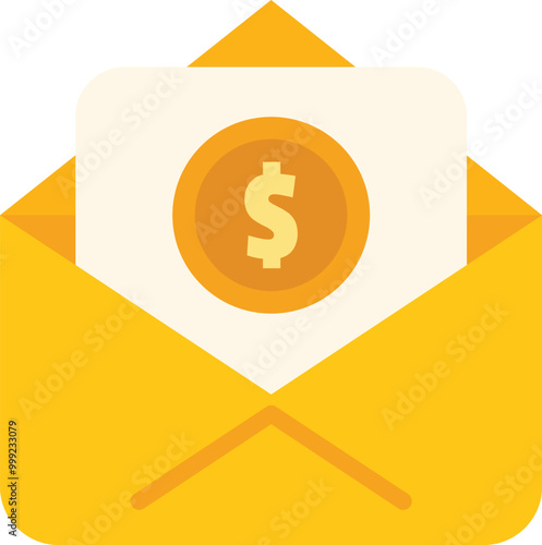 Open yellow envelope containing dollar coin and blank white paper, ideal for money transfer, online payment or donation concepts