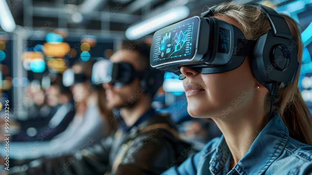 Business people interacting with a VR interface, virtual reality and finance concept Business people interacting with a VR interface, virtual reality and finance concept