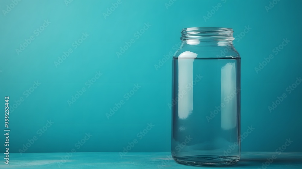 A clear glass jar filled with water, set against a vibrant teal background, highlighting simplicity and tranquility. A clear glass jar filled with water, set against a vibrant teal background, highlighting simplicity and tranquility.