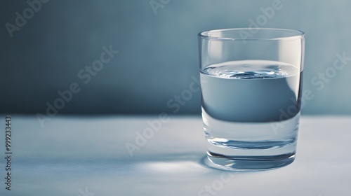 A clear glass of water sits on a surface, reflecting light and emphasizing its purity against a softly colored background.