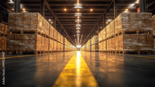 Vibrant warehouse filled with neatly stacked pallets of goods ready for efficient shipping at dusk