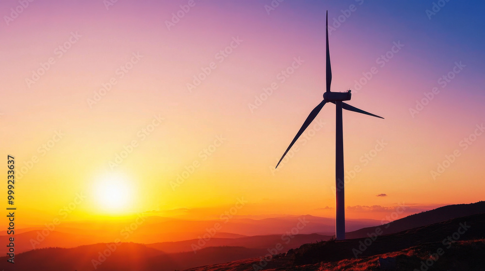 Obraz premium Silhouette of a wind turbine on a hill at sunset, with a vibrant purple and orange sky creating a serene and picturesque setting.
