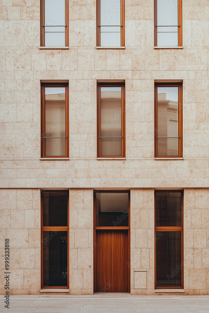 Fototapeta premium A minimalist building facade made of beige brick with large wooden windows and a brown door, featuring intricate geometric patterns on the wall, straight lines, and modern architecture