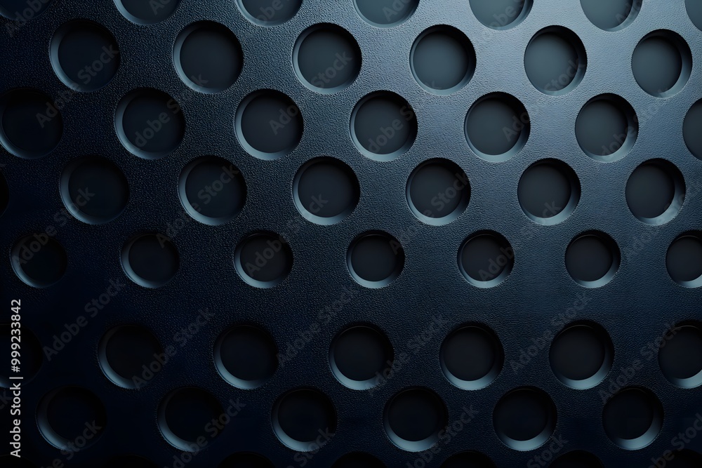 A close-up view of a black textured surface with circular perforations, creating a visually intriguing pattern. A close-up view of a black textured surface with circular perforations, creating a visually intriguing pattern.