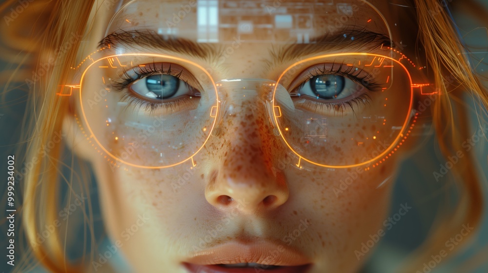 A woman wears smart glasses with a digital interface, showing cyberpunk innovation and modern tech A woman wears smart glasses with a digital interface, showing cyberpunk innovation and modern tech