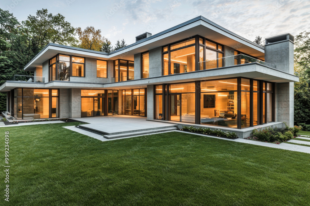 A modern, spacious house with large glass windows, surrounded by a well-maintained lawn and trees, showcasing contemporary architecture. A modern, spacious house with large glass windows, surrounded by a well-maintained lawn and trees, showcasing contemporary architecture.