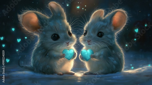 Two adorable chinchillas sharing a glowing turquoise heart amidst floating hearts in a whimsical setting photo