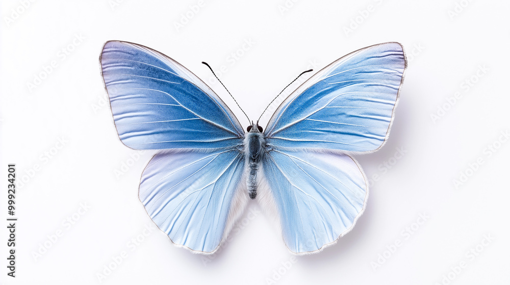 Ethereal blue butterfly resting gracefully on a pristine white background, showcasing intricate details in its delicate wings Ethereal blue butterfly resting gracefully on a pristine white background, showcasing intricate details in its delicate wings