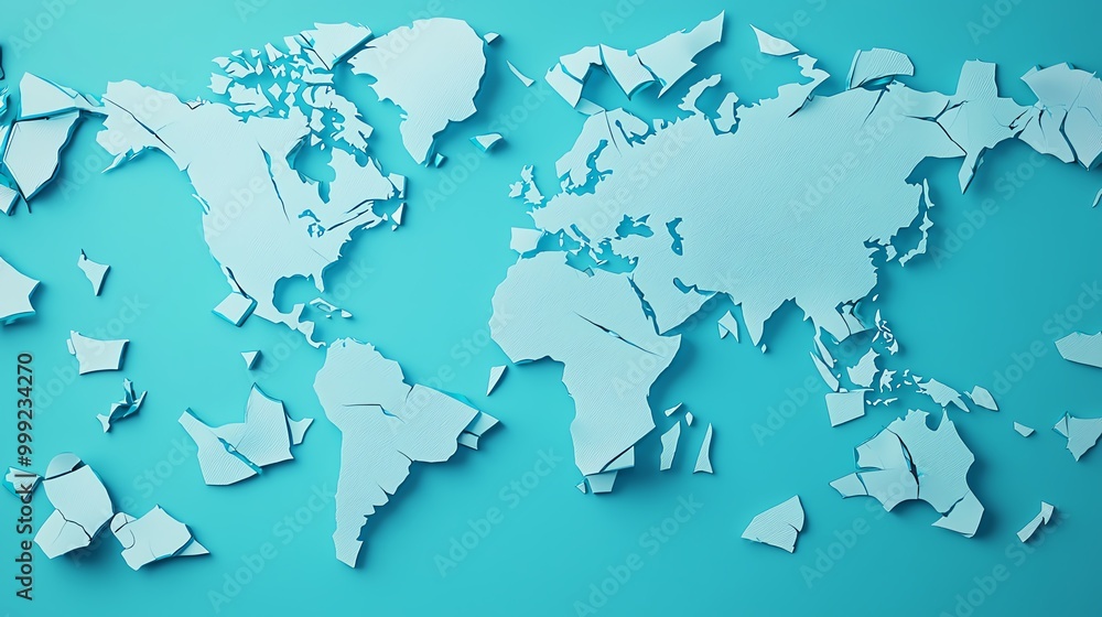 Global trade map fragmented by glass shards, trade difficulties, 3D illustration Global trade map fragmented by glass shards, trade difficulties, 3D illustration