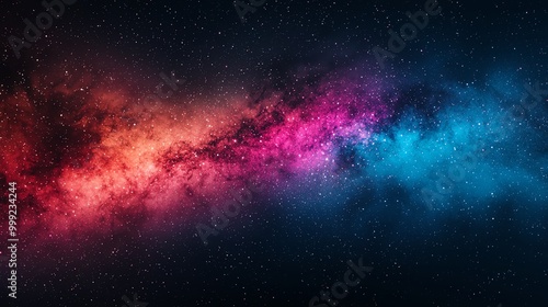 Galaxy swirling in vivid colors, wideangle view of deep space, bright stars scattered across, cosmic energy, deep blues, purples, and bursts of pink photo