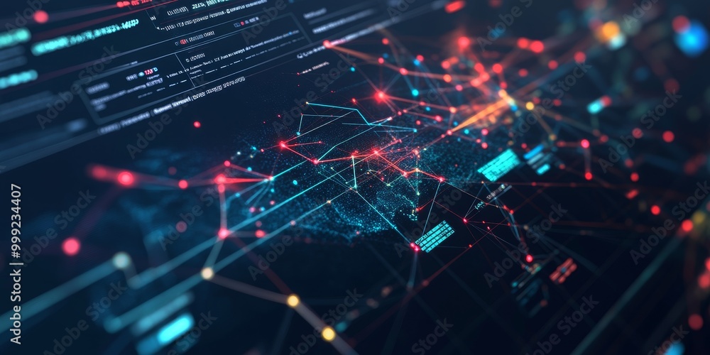 a network security dashboard with real-time data flow and threat alerts, showing complex visualizations of secure connections, a digital fortress in action. a network security dashboard with real-time data flow and threat alerts, showing complex visualizations of secure connections, a digital fortress in action.