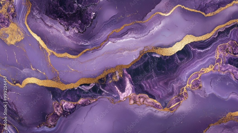 Fototapeta premium Iridescent purple marble stone with intricate gold veins, a luxurious geode design ideal for abstract wallpaper