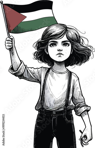 A vector illustration of a young girl standing with philistine Flag