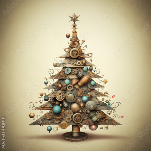 A 'raw art' style illustration of a Christmas tree made using unconventional materials and techniques, epitomizing intuitive creativity photo