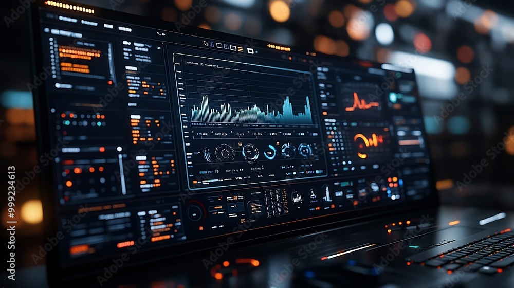 Laptop screen displaying a futuristic user interface with data, charts, and graphs. Laptop screen displaying a futuristic user interface with data, charts, and graphs.