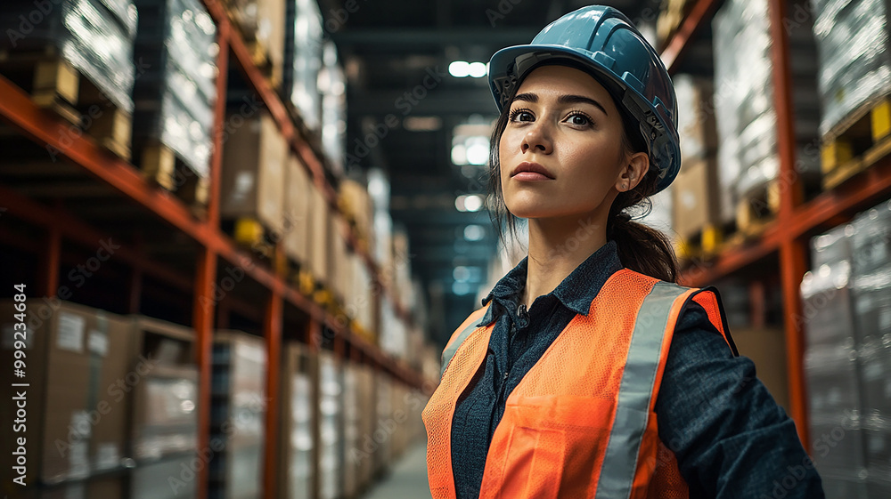 Beautiful female worker working in a safety suit at a port warehouse Beautiful female worker working in a safety suit at a port warehouse