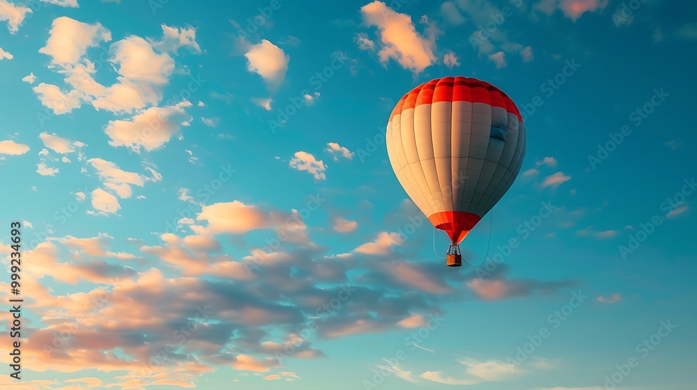Fototapeta premium Hot watercolor air balloon in the blue sky with clouds