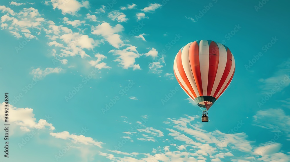 Fototapeta premium Hot watercolor air balloon in the blue sky with clouds