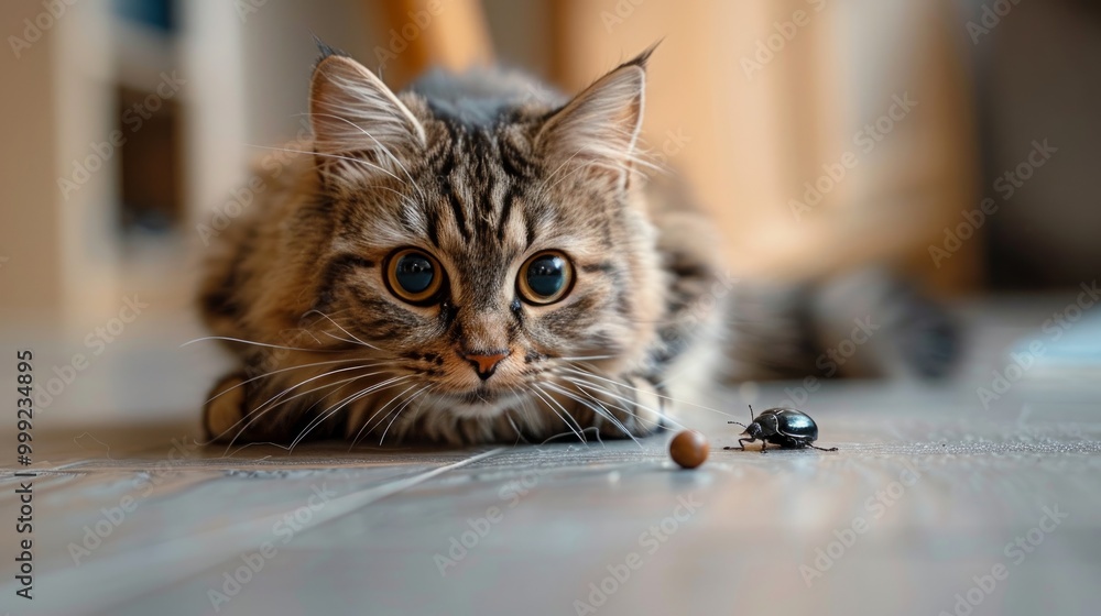 cat play with dark brown beetle on the table 