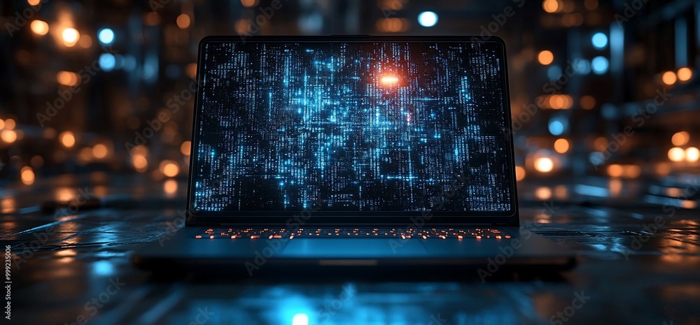 Modern laptop with glowing screen displaying abstract data in a dark urban setting. Modern laptop with glowing screen displaying abstract data in a dark urban setting.