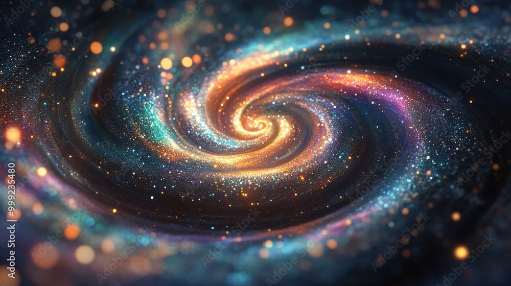 Iridescent sparkle rainbow swirl of fairy dust spiraling into a galaxy, creating a magical fantasy starry background Iridescent sparkle rainbow swirl of fairy dust spiraling into a galaxy, creating a magical fantasy starry background