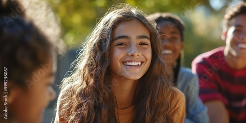 A close-up captures a group of teens hanging out, focusing on their smiles and casual clothing in a vibrant outdoor setting that highlights their camaraderie