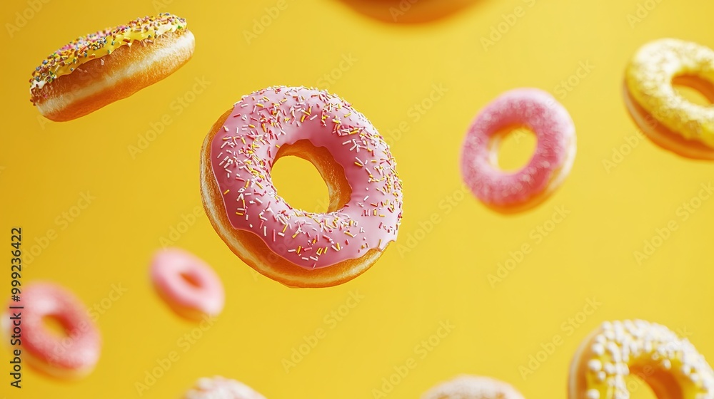 Colorful donuts flying on a yellow background. Sweet food background Colorful donuts flying on a yellow background. Sweet food background