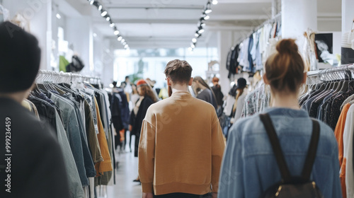 A busy clothing store with shoppers browsing through racks of clothes. The main subjects are a young man and woman, both casually dressed, walking through the aisles.