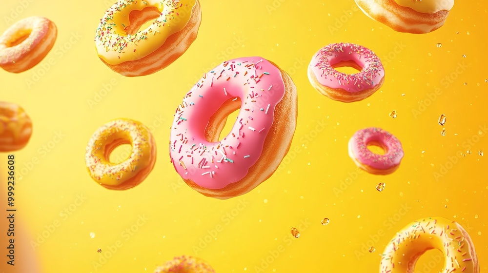 Colorful donuts flying on a yellow background. Sweet food background Colorful donuts flying on a yellow background. Sweet food background